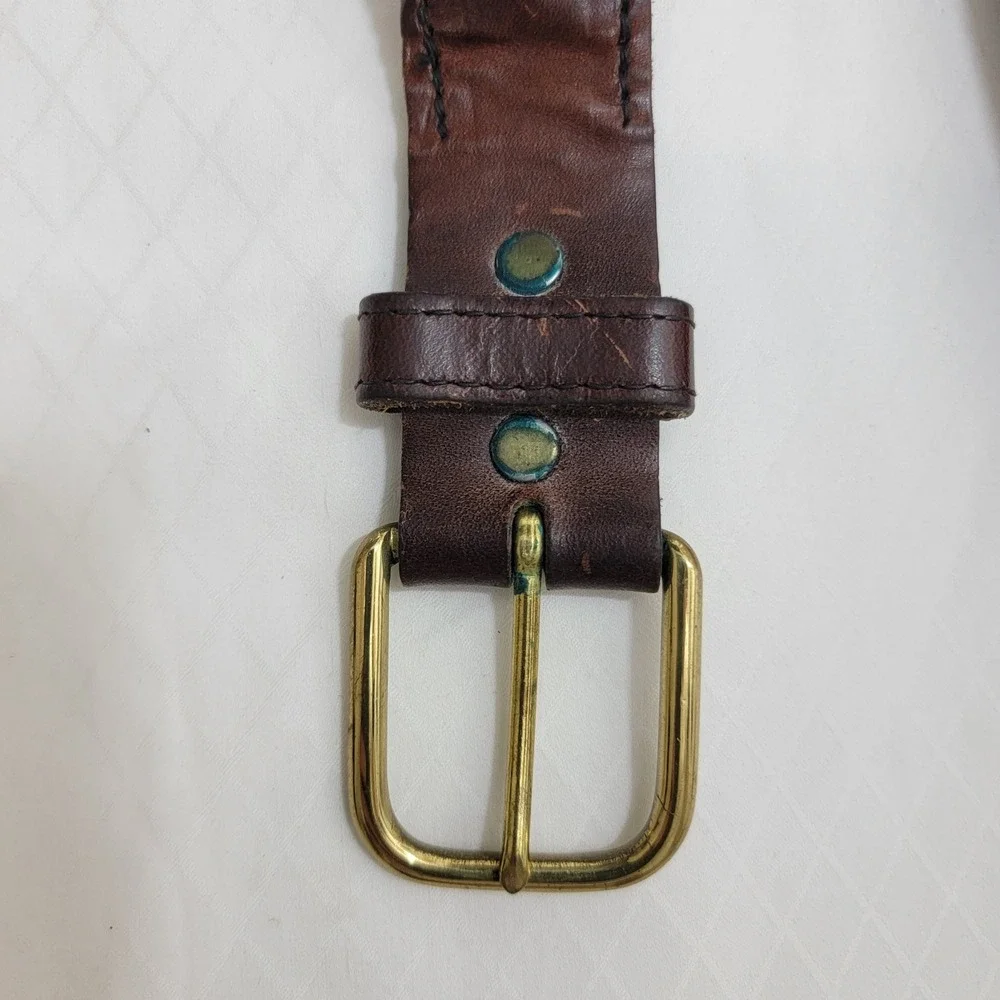 Mens Navy Blue Corduroy Brown Leather Inlay Belt Solid Brass Buckle Casual 34
